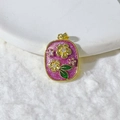 Floral oval pendant with rose red glitter background and golden flower accents - Rose Enamel Double Flower Style (13)