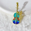 Exquisite violin charm with colorful enamel and a butterfly zircon in golden finish - 小提琴(12)