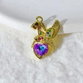 Golden hummingbird pendant with a purple heart-shaped crystal and multi-color zircons - Gold Purple Heart Hummingbird Design (13) (Pendant Only (Without Chain))