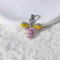 Detail view of silver bee pendant with yellow enamel wings and pink zircon accents - Yellow Wings Pink Body Style