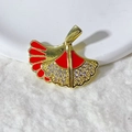 Gold-plated ginkgo leaf pendant with red enamel and sparkling zircon micro-pave setting - Gold/Red