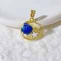 Golden ocean pendant with blue shell, white starfish, and pearls in a hollow round frame - Round Frame Blue Scallop-Gold (9)