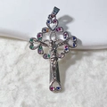 Detailed shot of crucifix pendant with heart edges and multicolored zircon stones - Silver Heart Hollow Crucifix Multicolor Pendant Only (Without Chain) (2) / Silver/AB Zirconia