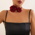 Romantic burgundy silk rose choker necklace with thin black lace strap on model - Double Flower Style (4322) / Burgundy