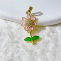 Pink enamel daisy flower pendant with gold plating and cubic zirconia micro-inlays - Pink Sun Flower with Green Leaves (11)