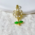 Daisy flower charm with gold plating and white enamel petals featuring tiny cubic zirconia - White Sun Flower with Green Leaves (12)
