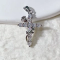 Silver-colored cross pendant featuring a rose design with white zircon stone accents - Silver Rose Vine Cross Pendant Only (Without Chain) (3) / Silver White Rhinestone