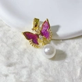 Golden butterfly pendant with purple gradient glitter, white zircon and a round pearl - Purple-Pink Gradient Butterfly Artificial Pearl Pendant Only (Without Chain) (3)
