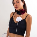 Three-color 3D rose flower choker set with long straps on a female model wearing satin top - Three Large Flowers Mixed Style (4340)