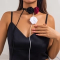 Three-color satin rose choker necklace with black, burgundy, and white flowers - Three Small Flowers Style (4341) / Multicolor