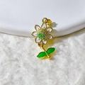 Daisy flower pendant with white petals and green zircon heart in gold plated brass finish - White Petal Green Center with Leaves (10)