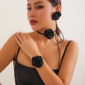 Three-piece black satin 3D rose jewelry set including choker, earrings, and bracelet - Black