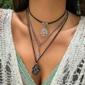 Detail of layered bohemian necklace with Tree of Life, clear quartz, and amethyst stone - Tree Of Life White Crystal Purple Stone Style (4404)