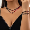Gothic 4-piece jewelry set with red and black magnetic heart pendants and beaded chains - Top And Pants / Black Red Bead Chain 4-Piece Set (4520)