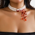 Gothic choker with triple pearl layers and a large red gemstone with droplet tassels - Gold Red Gemstone Tassel Choker (6035)