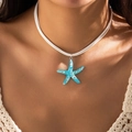 Bohemian light blue starfish pendant necklace with white leather cord on model - Silver + Blue Starfish (5957)