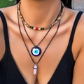 Dreilagiges Boho-Halsketten-Set mit blauem bösen Blick und rosa Kristallanhängern - Holzperle Blauer Böser Blick Rosa Kristall Stil (4382)