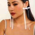 Elegant long white ribbon bow earrings with faux pearl and crystal flower accents - Pearl Cluster Bowknot Studs / White (3017)