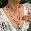 Three-layer layered necklace featuring a pink crystal point and evil eye pendant - Tree Of Life Pink Crystal Evil Eye Style (3818)