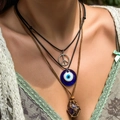 Three-layer bohemian necklace set with peace sign, blue evil eye, and amethyst pendant - Peace Sign Blue Evil Eye Purple Stone Style (4405)