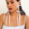 Long white faux pearl dangle earrings with silk ribbon bows for women in French style - White (3018)