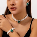 Parure choker en perles avec pierre verte comprenant collier, bracelet et boucles - Collier Bracelet Boucles d'Oreilles (4756) / Or + Vert (4756)