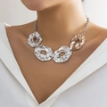 Irregular silver liquid metal disc necklace with chunky chain on model's neck - Silver Tone Necklace (6065)