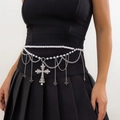 Retro multi-layer pearl body chain with silver cross pendants for waist decoration - Imitation Pearl Metal Chain / Pearl Cross Style (1556) / White Gold