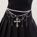 Multilayer waist chain with white pearls and silver cross pendants for women - Silver White Cross Style (1556)