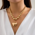 Golden punk choker necklace with chunky beads and a large 3D heart pendant - Style 08 Gold 6221