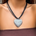 Adjustable black cord necklace featuring a large vintage silver heart pendant with floral texture - Carved Hollow Heart (6066) / Antique Silver