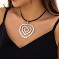 Adjustable black velvet cord necklace with vintage silver tiered heart pendant - Triple Layer Concentric Hearts (6120) / Antique Silver