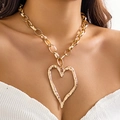Minimalist gold oversized heart necklace with hammered texture and chunky loop chain - Large Hammered Hollow Heart (6112) / Gold