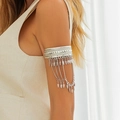 Silver Western bohemian arm chain with metal fringes and leaf pendants on model - Antique Silver Leaf Fringe Style (0310)