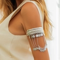 Silver western retro arm cuff with pyramid patterns and metal fringe coin tassels - Antique Silver Coin Fringe Style (0310)