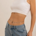Silver bead body chain with pearls and rhinestones shown on waist with denim jeans - Silver Artificial Pearl Rhinestone Style (1627)