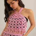 Detailed view of pink heart sequin halter top featuring a metallic mesh link design - Pink Heart Halter Top (1613)