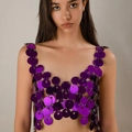 Detail of purple sequin chain top featuring glossy round discs and metal link craftsmanship - Purple Sequin Top (1645)