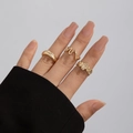 Three-piece gold irregular lava texture rings with minimalist smooth wavy metal lines - Light Gold (5001)