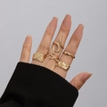 Five-piece set of golden irregular lava texture and minimalist metal line open rings - Light Gold (5019)