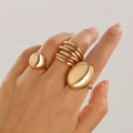 Three-piece set of golden geometric lava rings including spherical and spiral designs - Light Gold (5066)