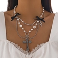 Gothic multilayer necklace with faux pearls, metal crosses and black ribbon bows - Black Bow Pearl Style / Silver White Black (6504k1)