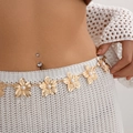 Golden flower waist chain with pearl center and matching navel ring for beach vacation - Pearl Flower Style with Belly Ring (1656)