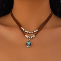 Dubbellaagse bruine koordketting met turquoise hanger en zilveren kralen in boho-stijl - Kaktus Turkoois Stijl (5218) / Bruin