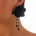 Close-up of gothic black lace flower earring with beaded fringe on model - Earrings (3346)