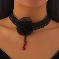 Detail of gothic lace choker with black yarn flowers and red teardrop bead pendant - Floral Lace Water Drop Bead Choker (6622) / Black