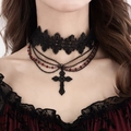 Gothic lace choker necklace with red beads and black cross pendant worn by model - Black 6626k2