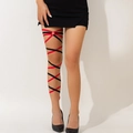 Punk style leg chain with elastic red and black crisscross straps and metal ring - Black And Red (0364k4)