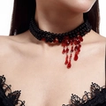 Gothic choker featuring triple-layer black beads and red teardrop crystal tassels - Gothic Three-Layer Black Bead Tassel Choker (06701)