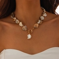 Baroque shell necklace with golden OT clasp and unique teardrop pearl pendant - White Necklace(6639)